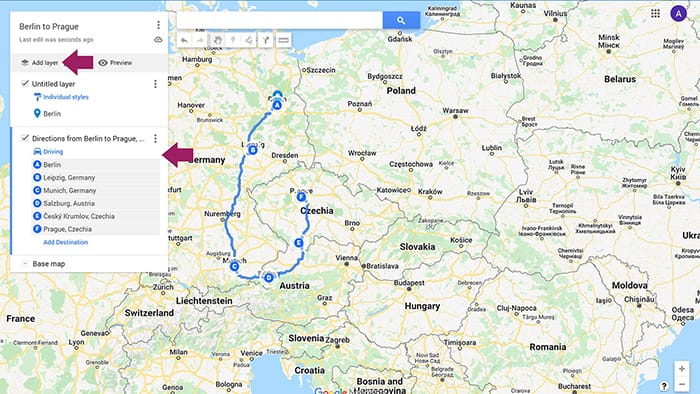image showing how to make a new layer to plan a trip in Google Maps