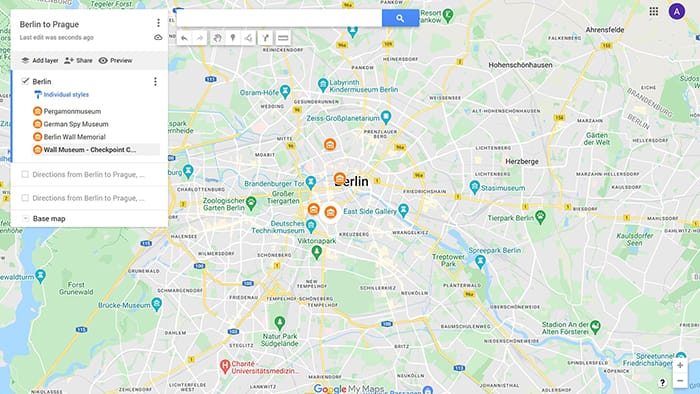 image showing group of customized icons in Google Maps. This is what a finished map looks like when you plan a trip with Google Maps
