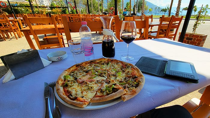 pizza and wine for lunch in Albania