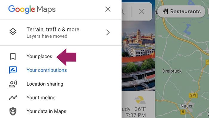 image showing how to add destinations to Your Places so you can plan a trip with Google Maps