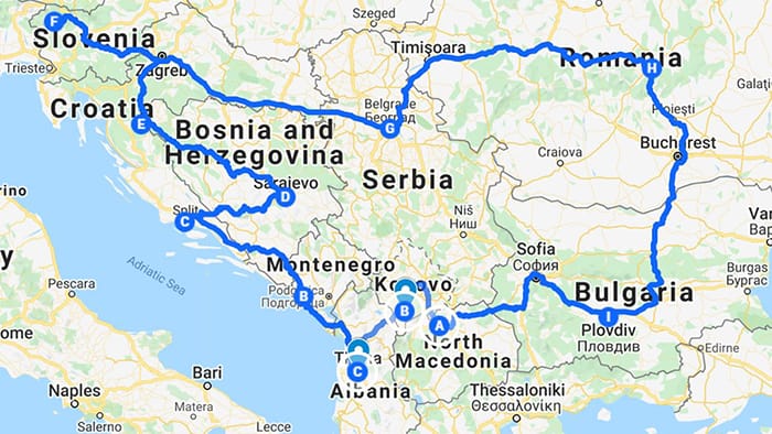 map showing a driving route for holidays in the Balkans