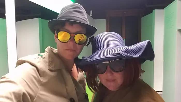 two women dressed in spy costumes