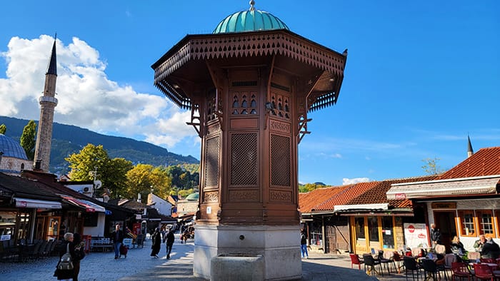 image of the Sebilj Fountain. Visiting this spot is one of the top things to do in Sarajevo.
