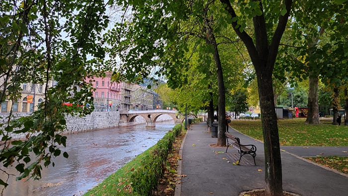 quiet street in Sarajevo overlooking the Miljacka River