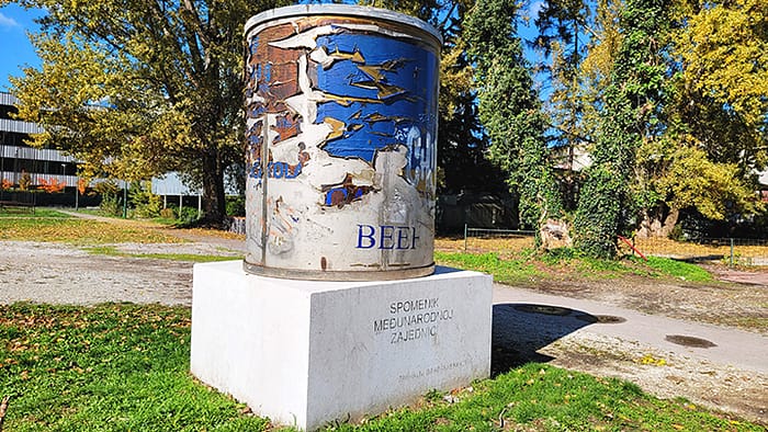 image of a memorial to icar canned beef, one of the most offbeat things to do in Sarajevo