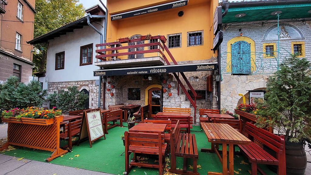 image of outdoor seating area at a traditional restaurant in Sarjaevo