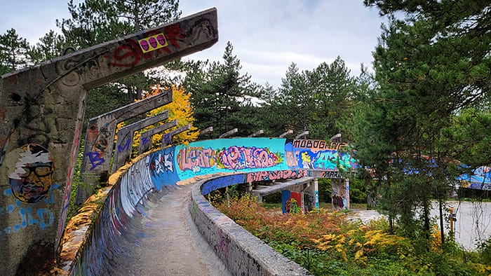 image of the abandoned bobsled track from the 1984 winter Olympics, one of the best things to do in Sarajevo