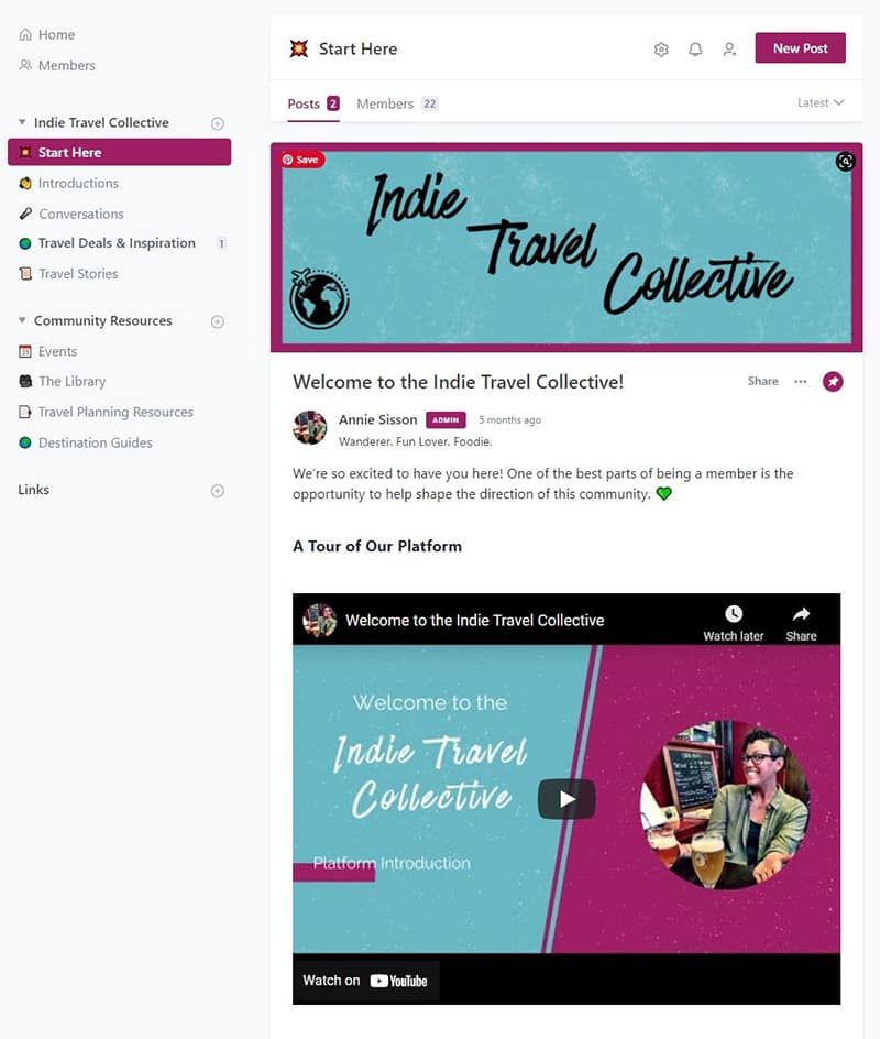 the screen new users see when the login to the Indie Travel Collective